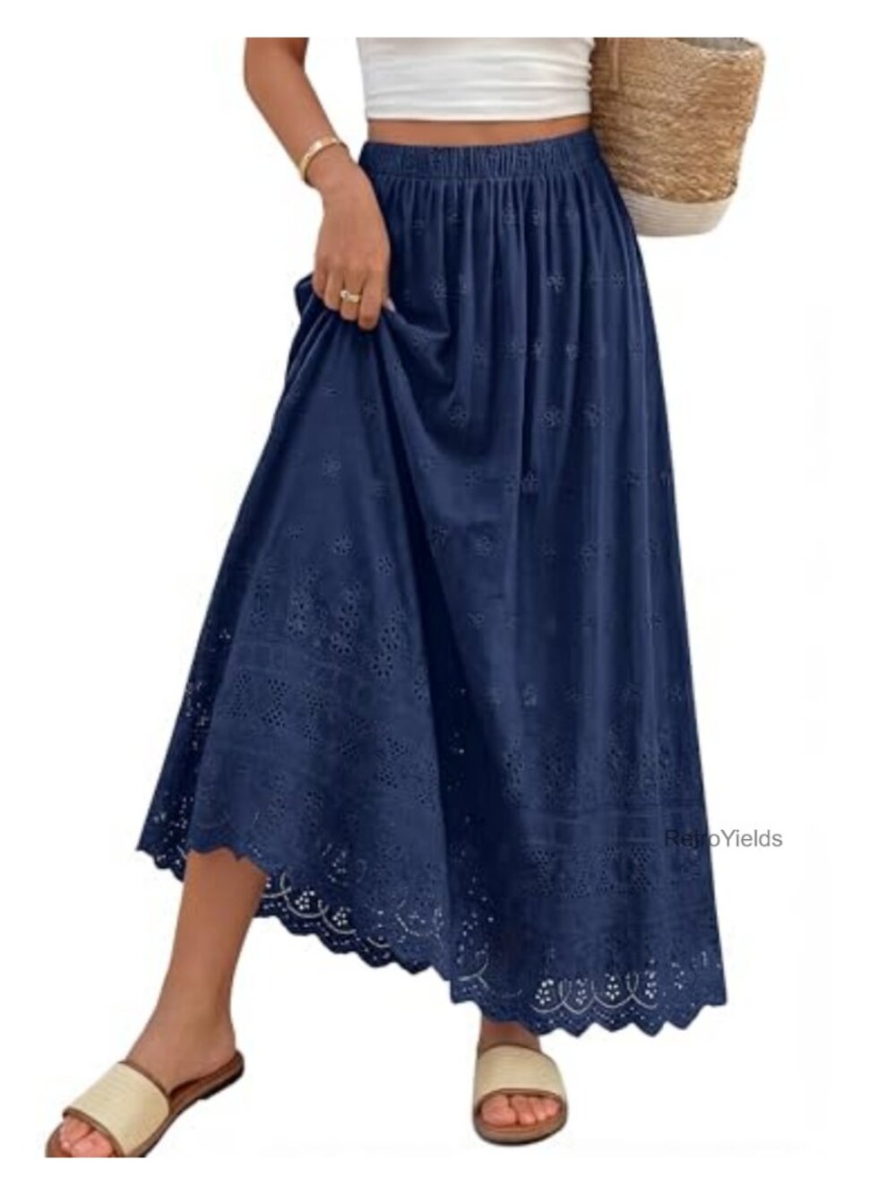 Boho Eyelet A-Line Cotton Flowy Maxi Skirt